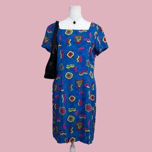 blue multicolor abstract pattern vintage 90s dress